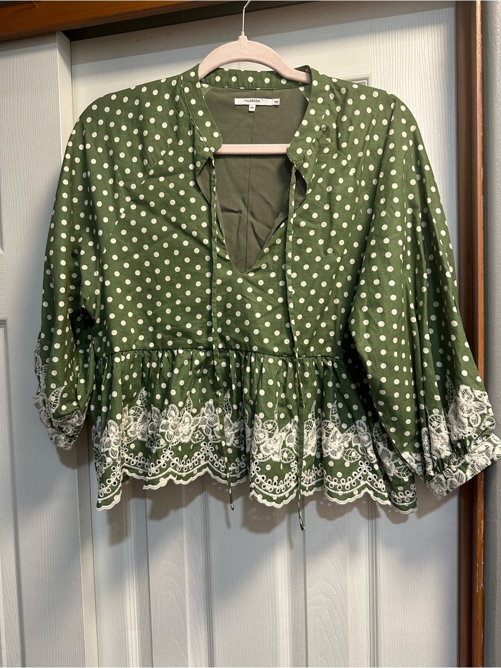 Tularosa Olive Green Polka Dot Peasant Blouse with White Lace
